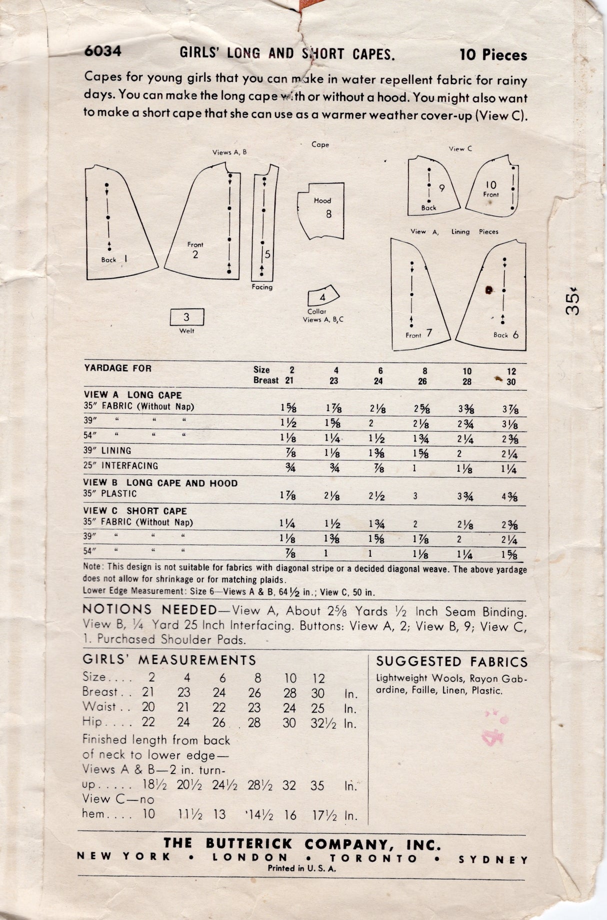 1950's Butterick Child's Hooded Cape Pattern - Chest 21" - No. 6034