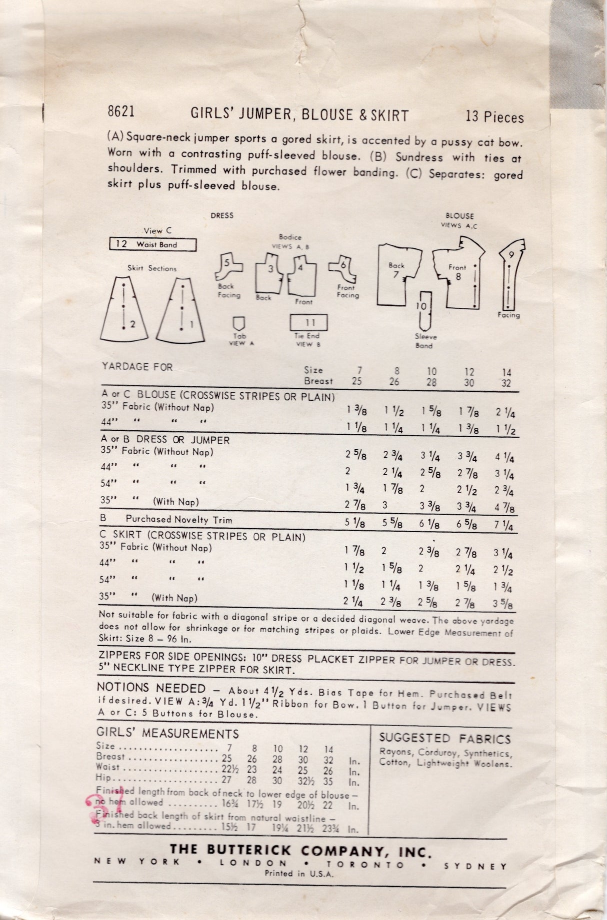 1950's Butterick Child's Shirtwaist Dress with Gored Skirt and Blouse Pattern - Chest 32" - No. 8621