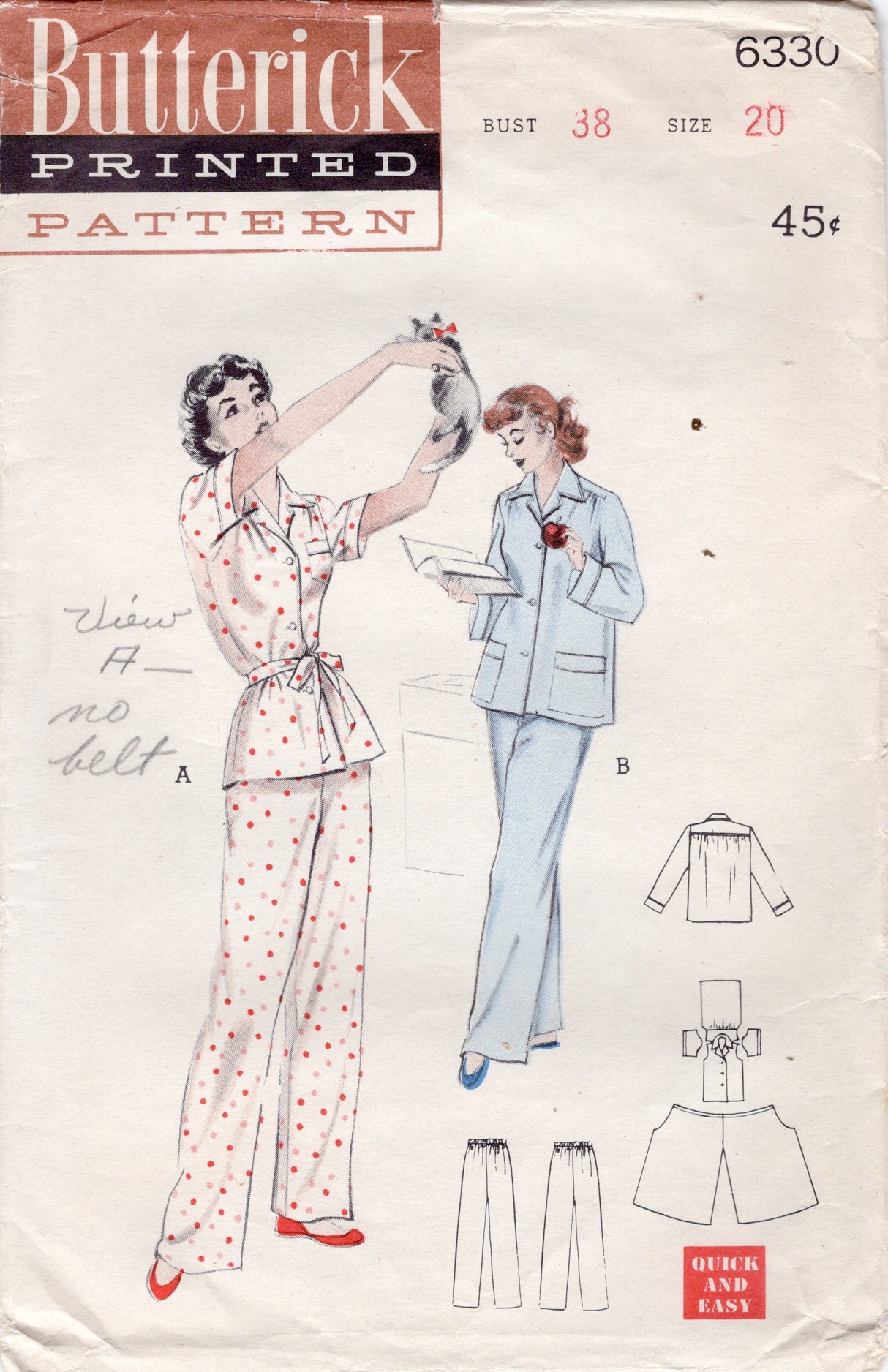 1950's Butterick Quick and Easy Pajamas Pattern - Bust 38" - No. 6330
