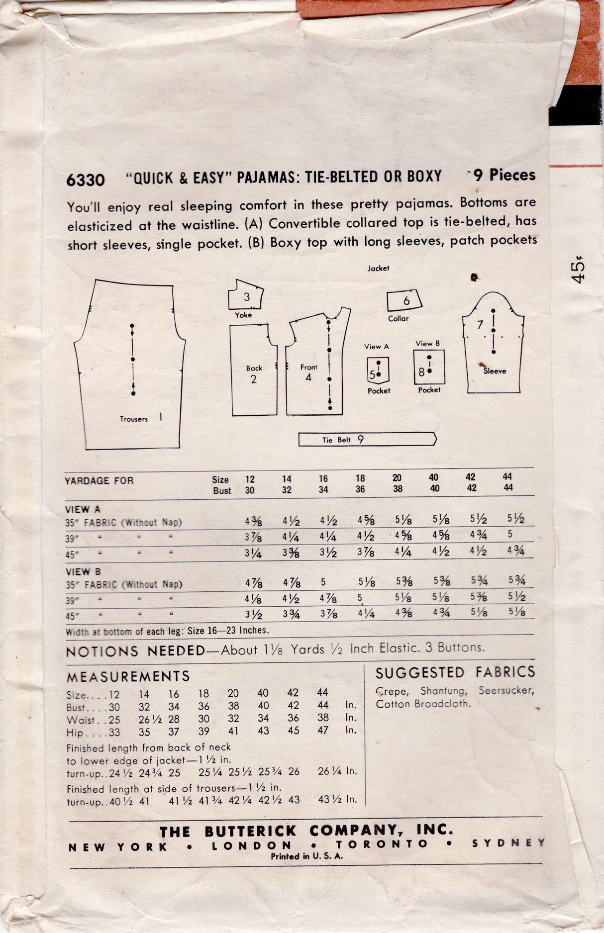 1950's Butterick Quick and Easy Pajamas Pattern - Bust 38" - No. 6330