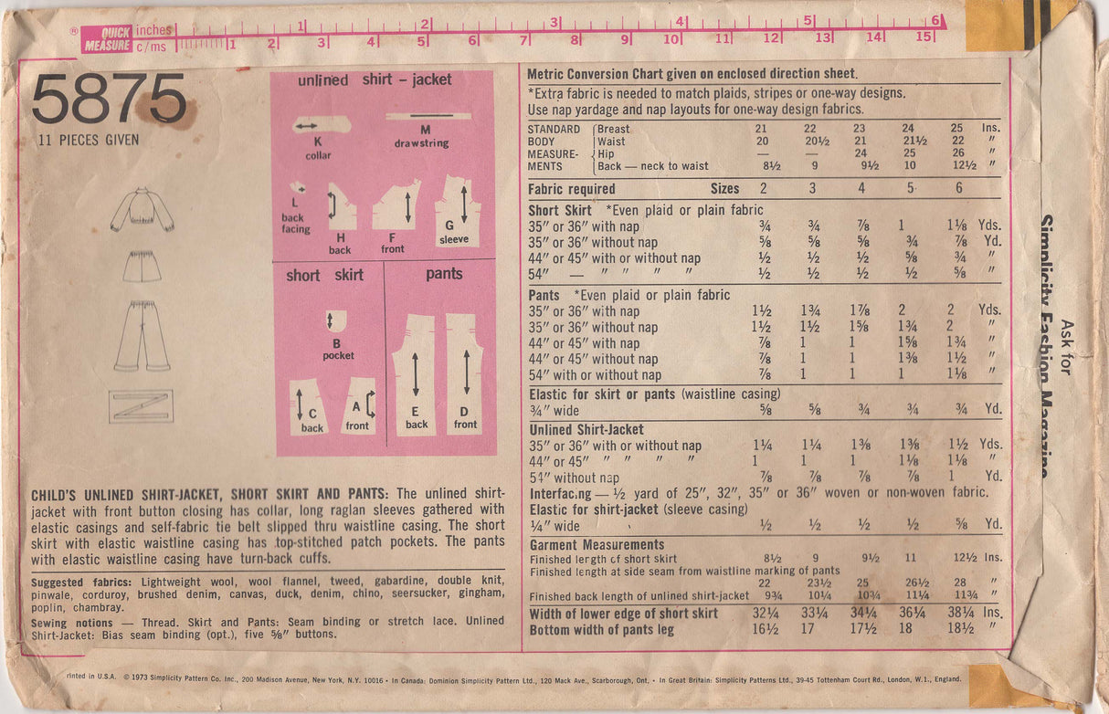 1970's Simplicity Child's Shirt-jacket, Skirt and pants pattern - Chest 24" - No. 5875