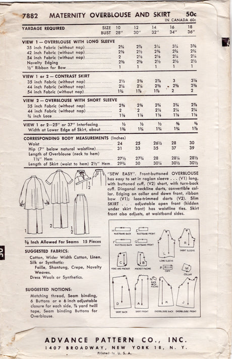 1950’s Advance Maternity Overblouse and Pencil Skirt Pattern – Bust 32” - No. 7882
