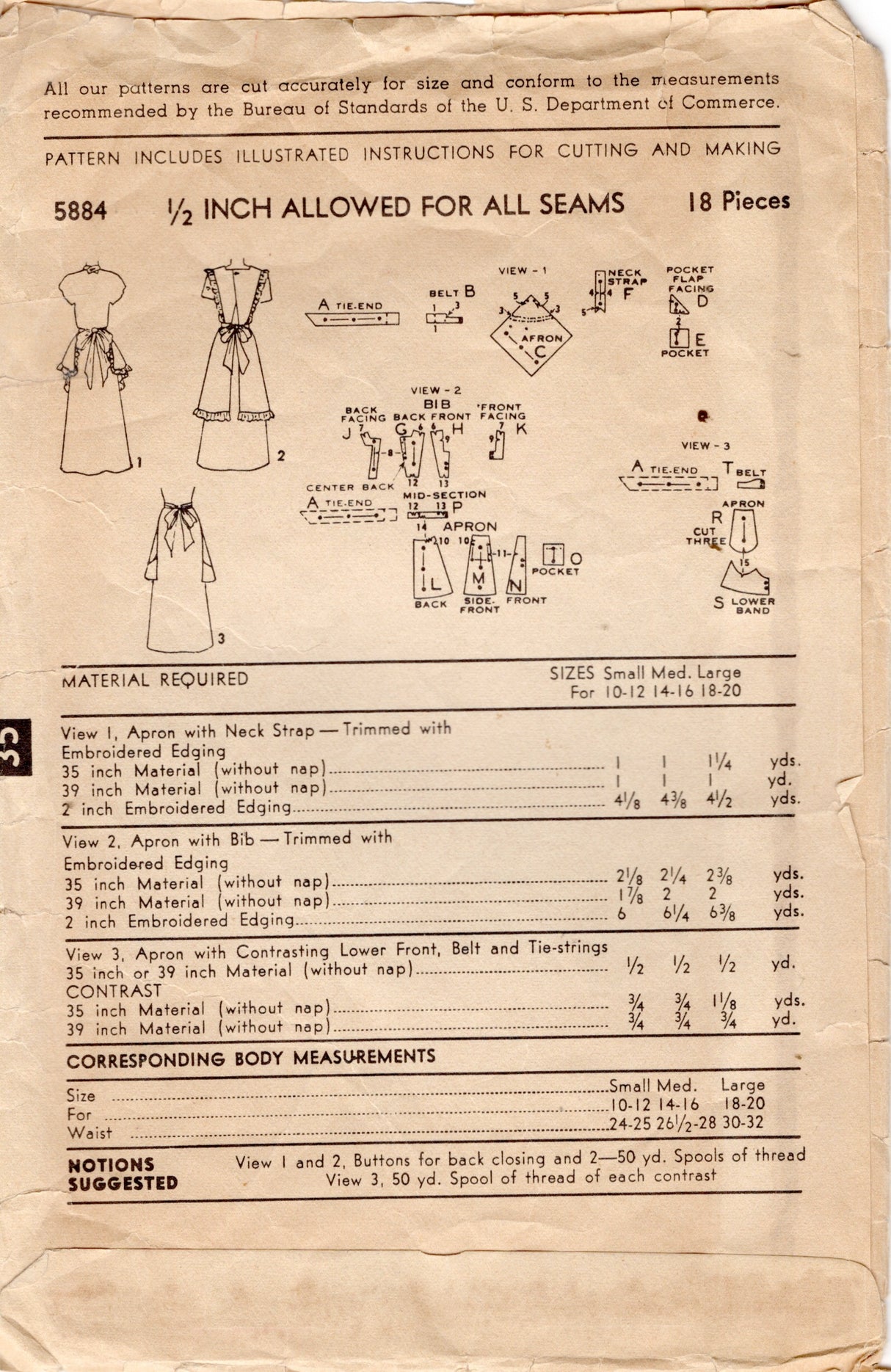 1950's Advance Full or Half Apron Pattern - Bust 32-34" - No. 5884