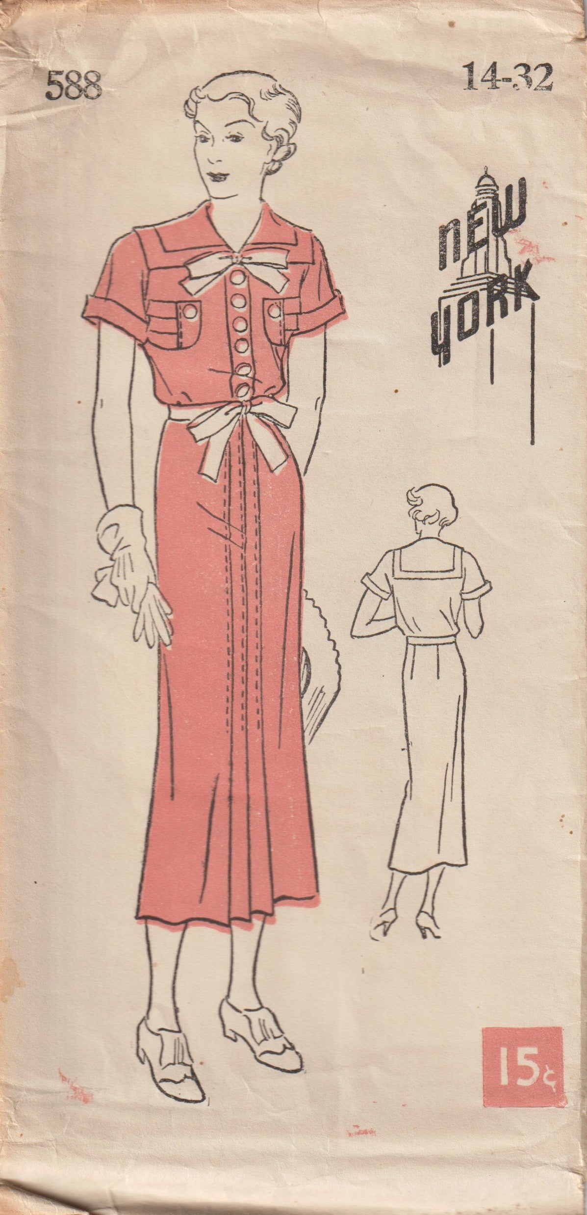 1930's New York Shirtwaist Dress Pattern with Large Collar and Detailed Pocket - Bust 32" - No. 588