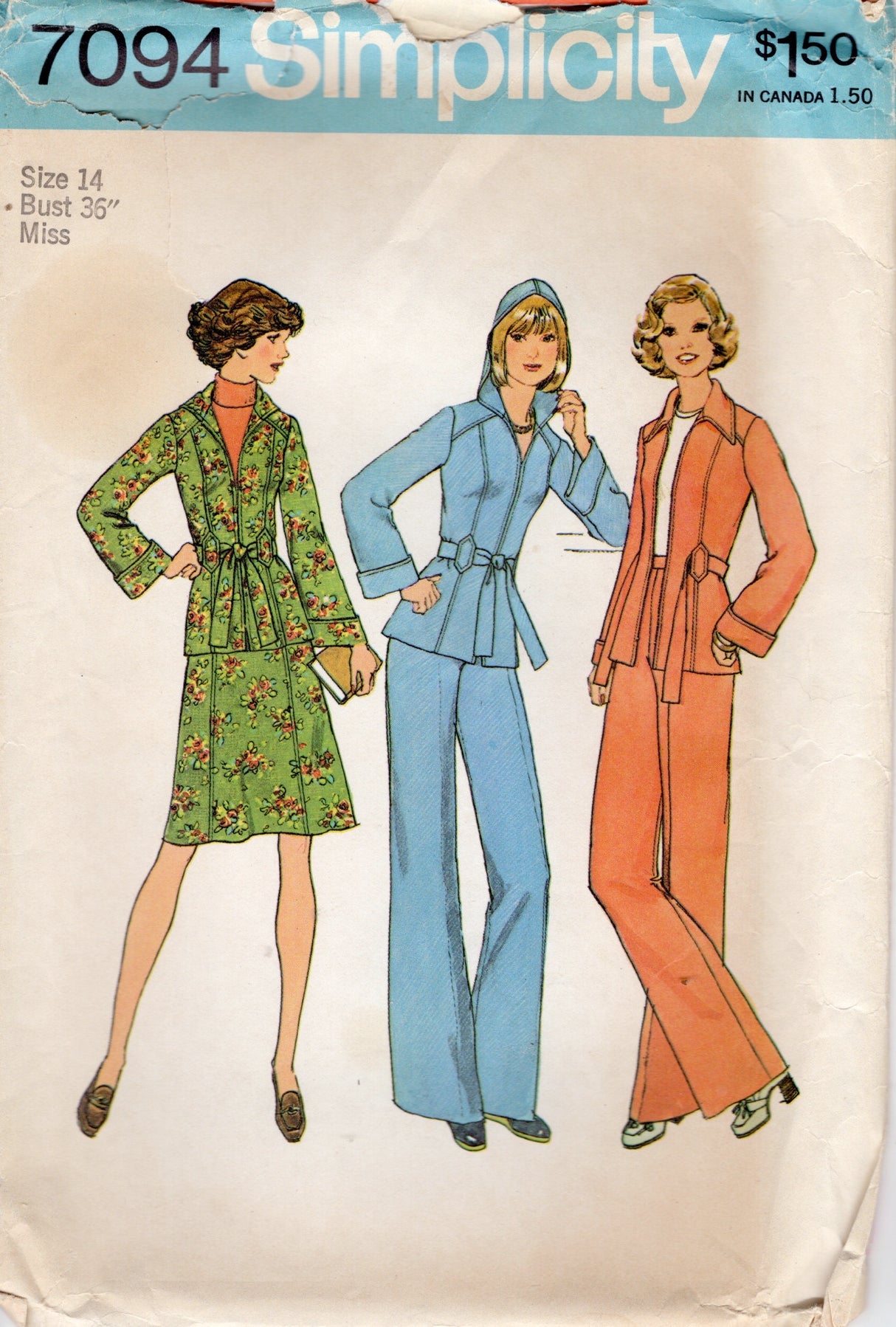 1970's Simplicity Unlined Jacket with or without Hood, Skirt and Pants Pattern - Bust 36" - No. 7094