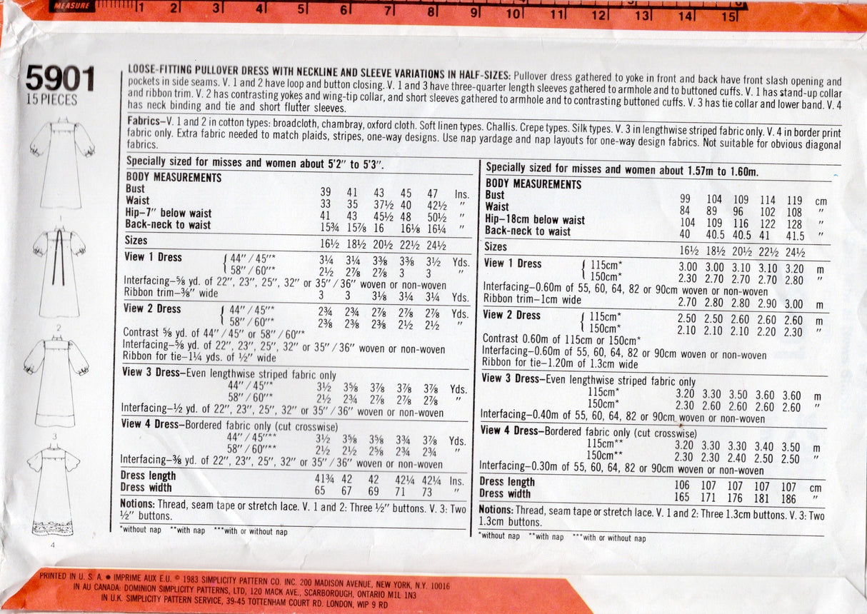 1980's Simplicity Pullover Dress Pattern - Bust 39-43" - No. 5901