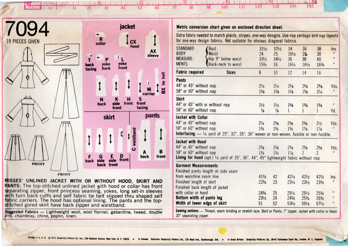 1970's Simplicity Unlined Jacket with or without Hood, Skirt and Pants Pattern - Bust 36" - No. 7094