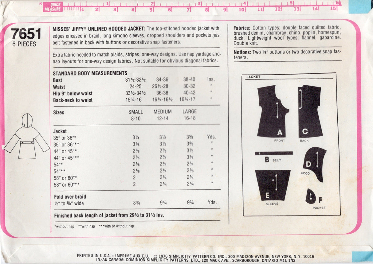 1970's Simplicity Unlined Quilted Jacket Pattern - Bust 34-36" - No. 7651
