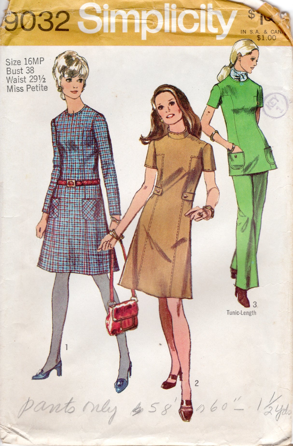 1970's Simplicity Dress or Tunic and High Waisted Pants Pattern - Bust 38" - No. 9032