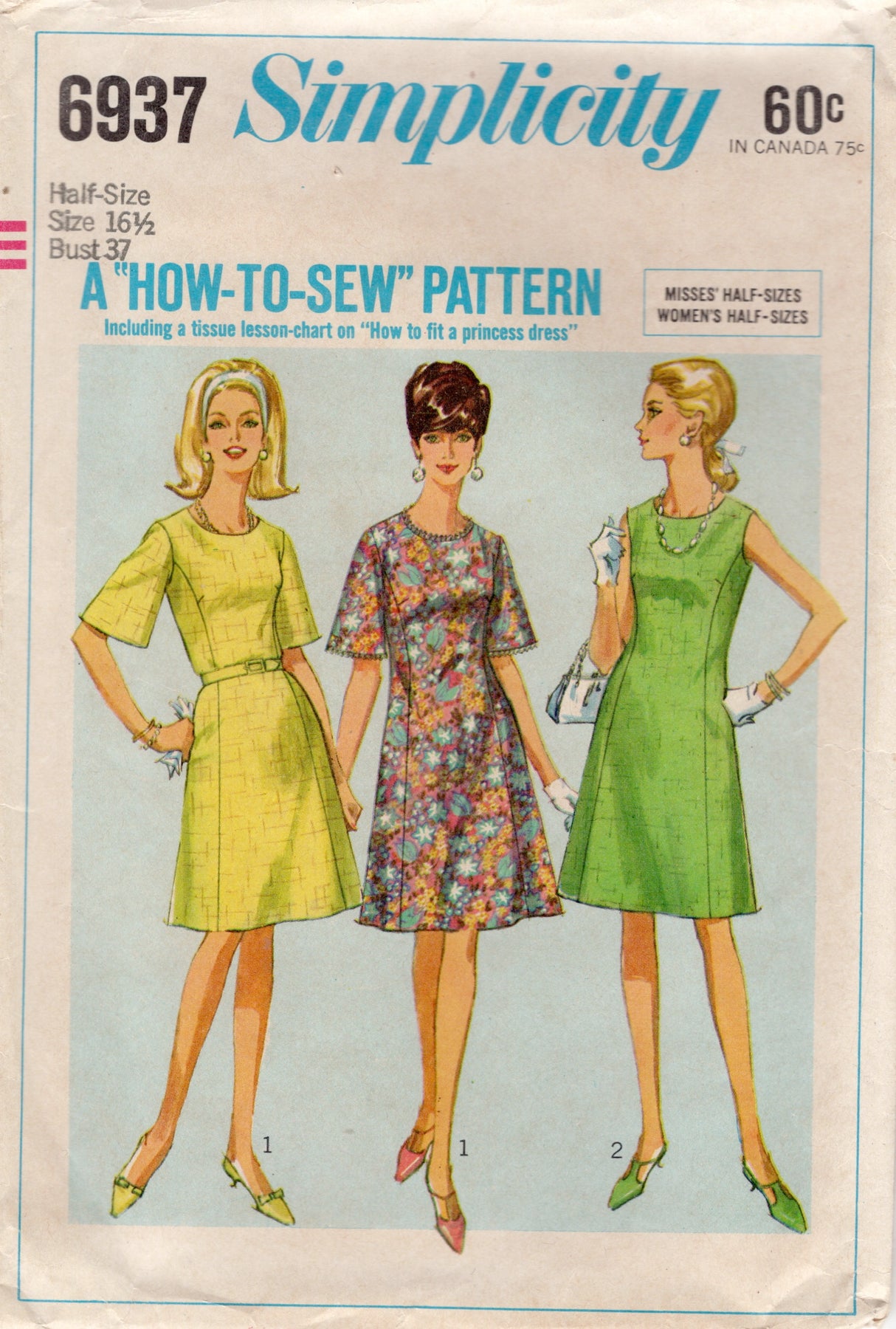 1960's Simplicity "How to Sew" Princess Line Dress Pattern - Bust 37" - No. 6937