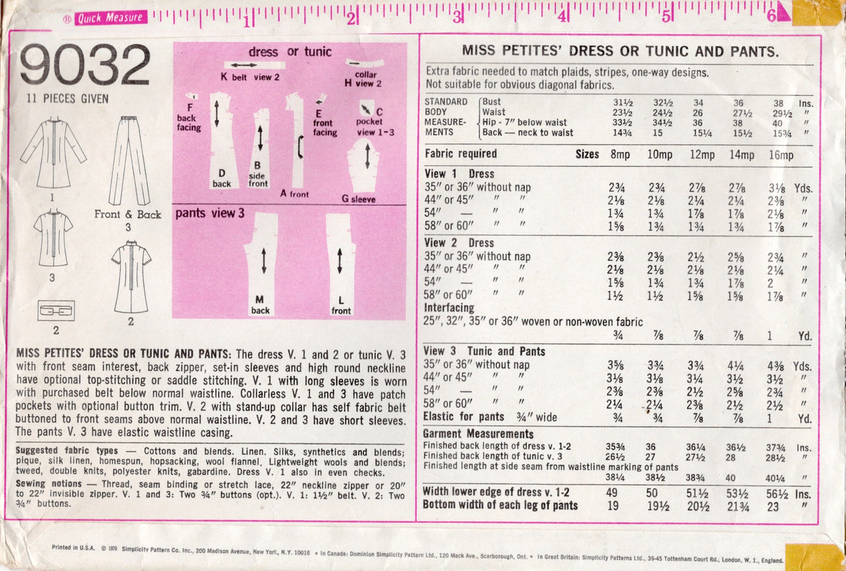 1970's Simplicity Dress or Tunic and High Waisted Pants Pattern - Bust 38" - No. 9032