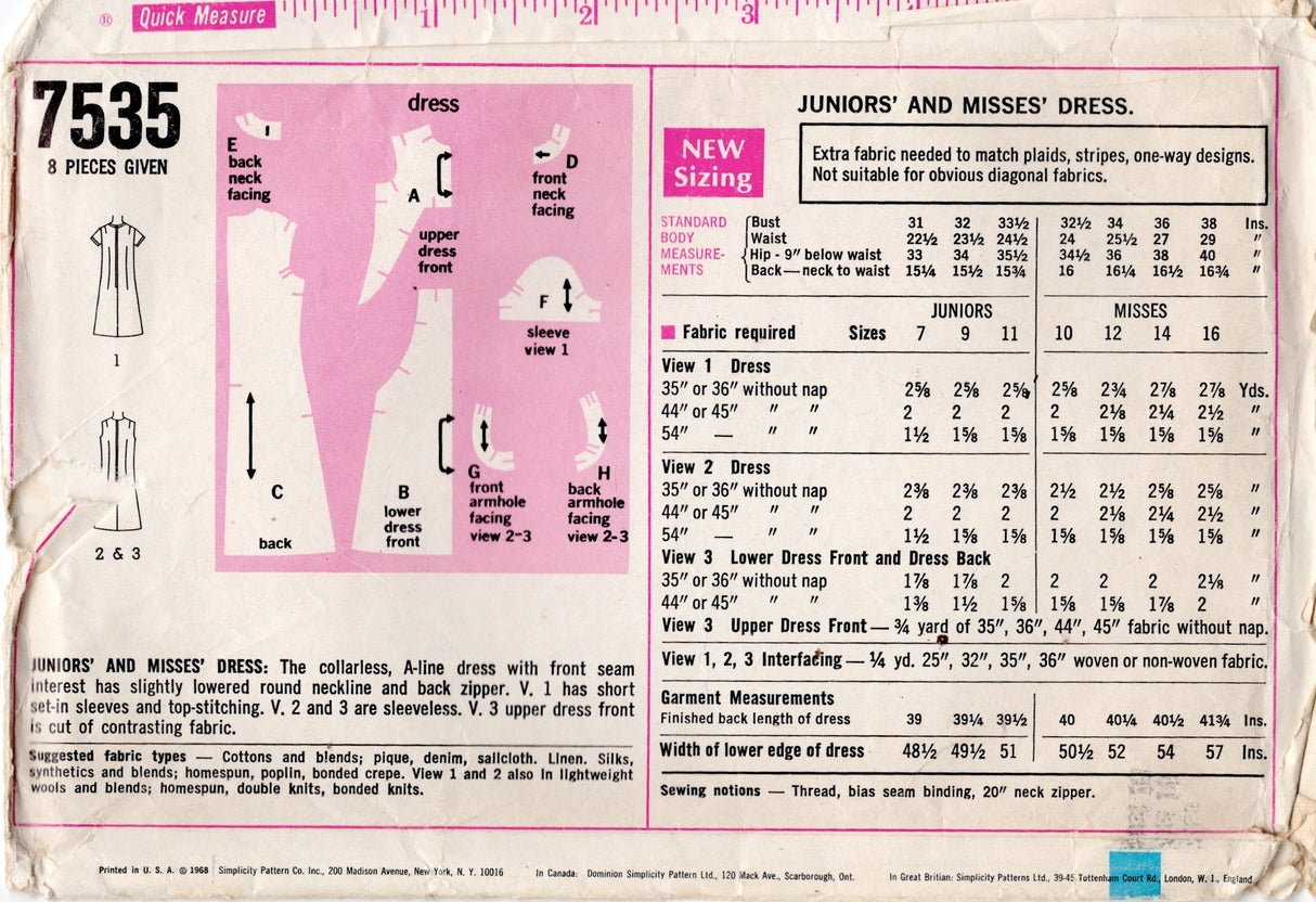 1960's Simplicity Large Yoke Shift Dress Pattern - Bust 38" - No. 7535