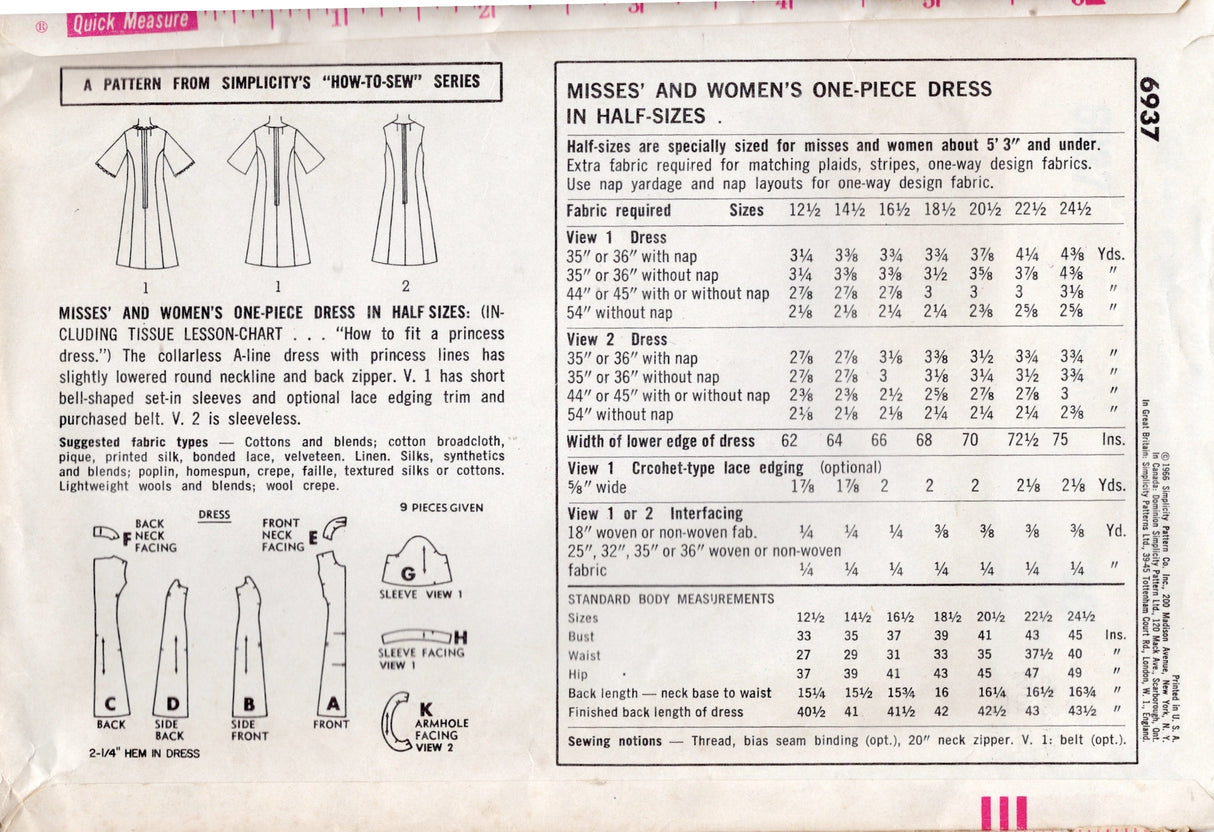 1960's Simplicity "How to Sew" Princess Line Dress Pattern - Bust 37" - No. 6937