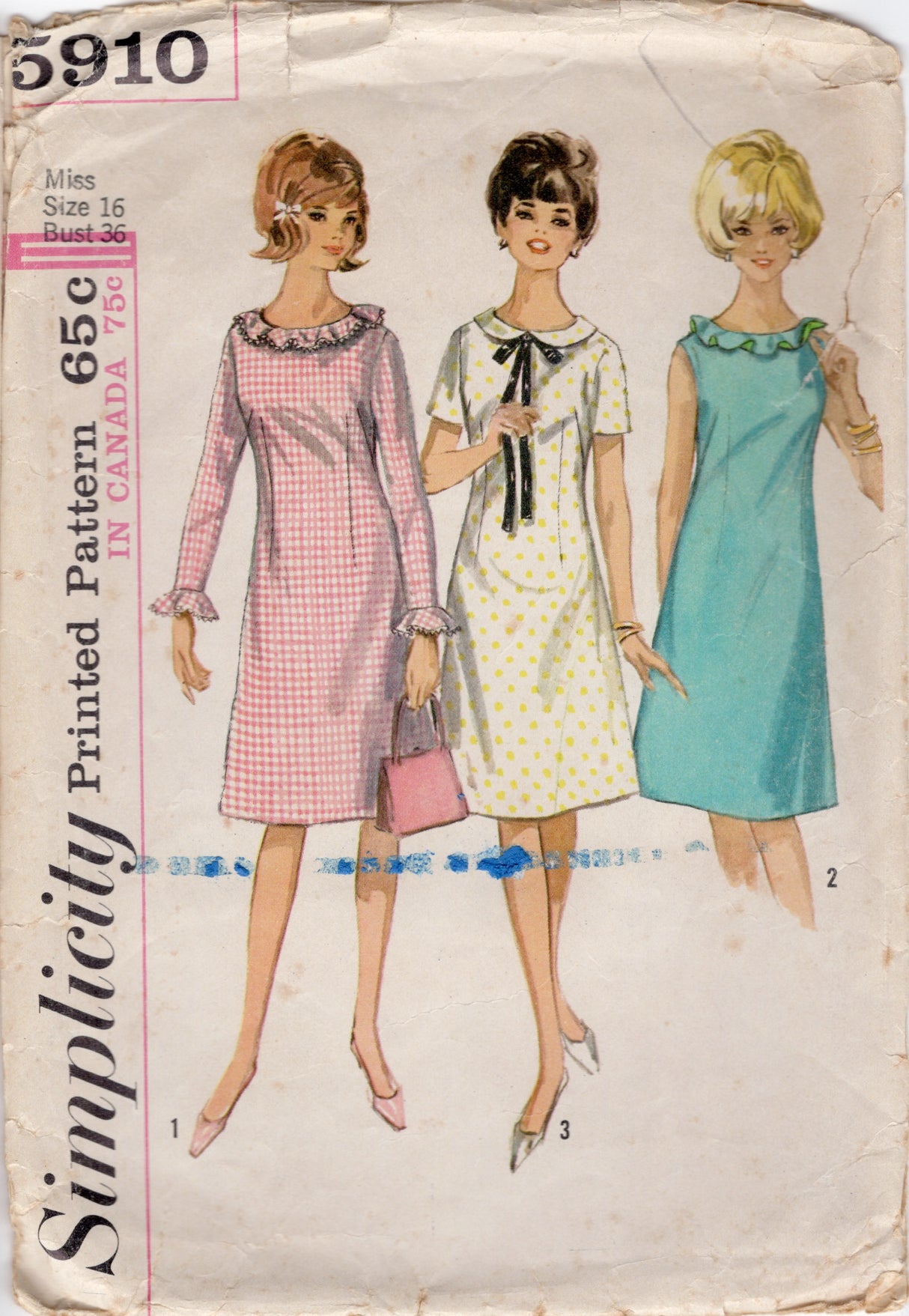 1960's Simplicity A-line Dress Pattern with Collar or Ruffle Accent - Bust 36" - No. 5910