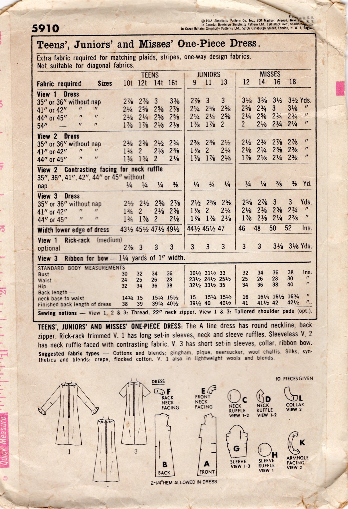 1960's Simplicity A-line Dress Pattern with Collar or Ruffle Accent - Bust 36" - No. 5910