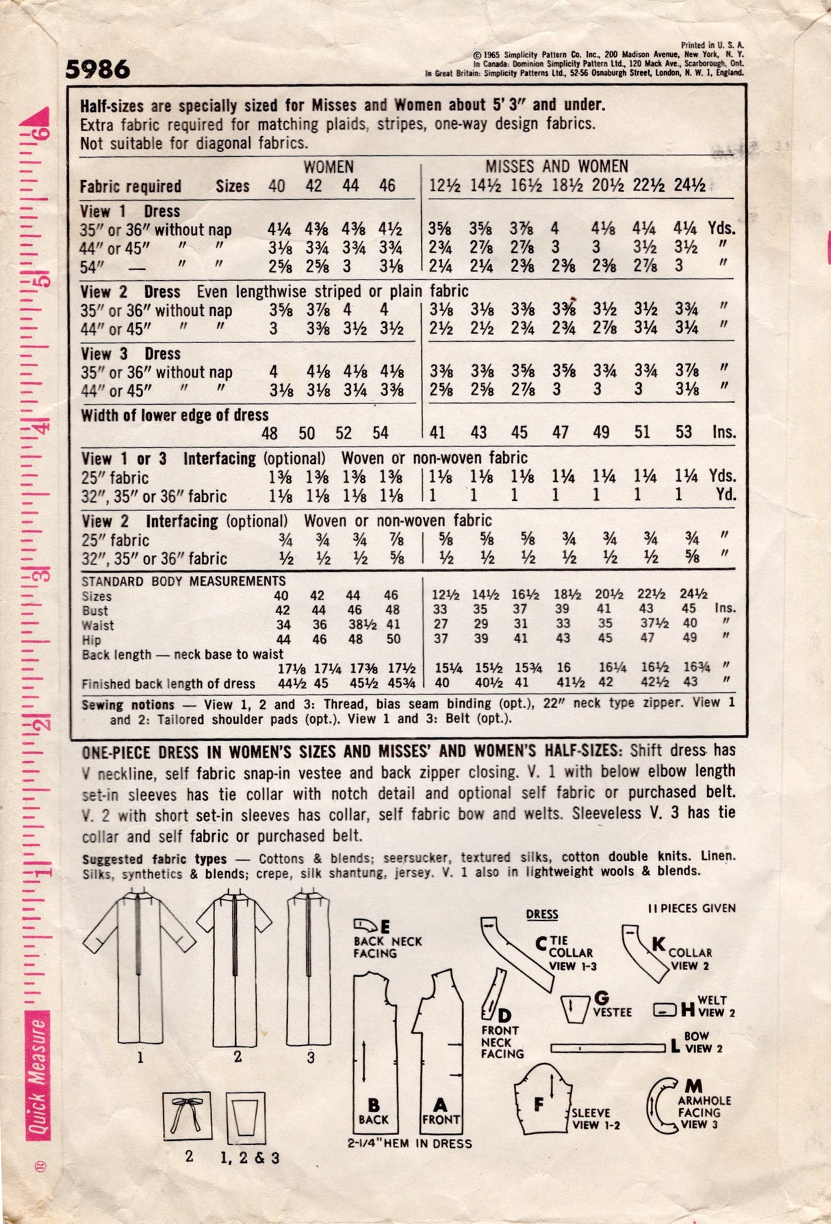 1960's Simplicity Shift Dress Pattern with Large Collar - Bust 45" - No. 5986
