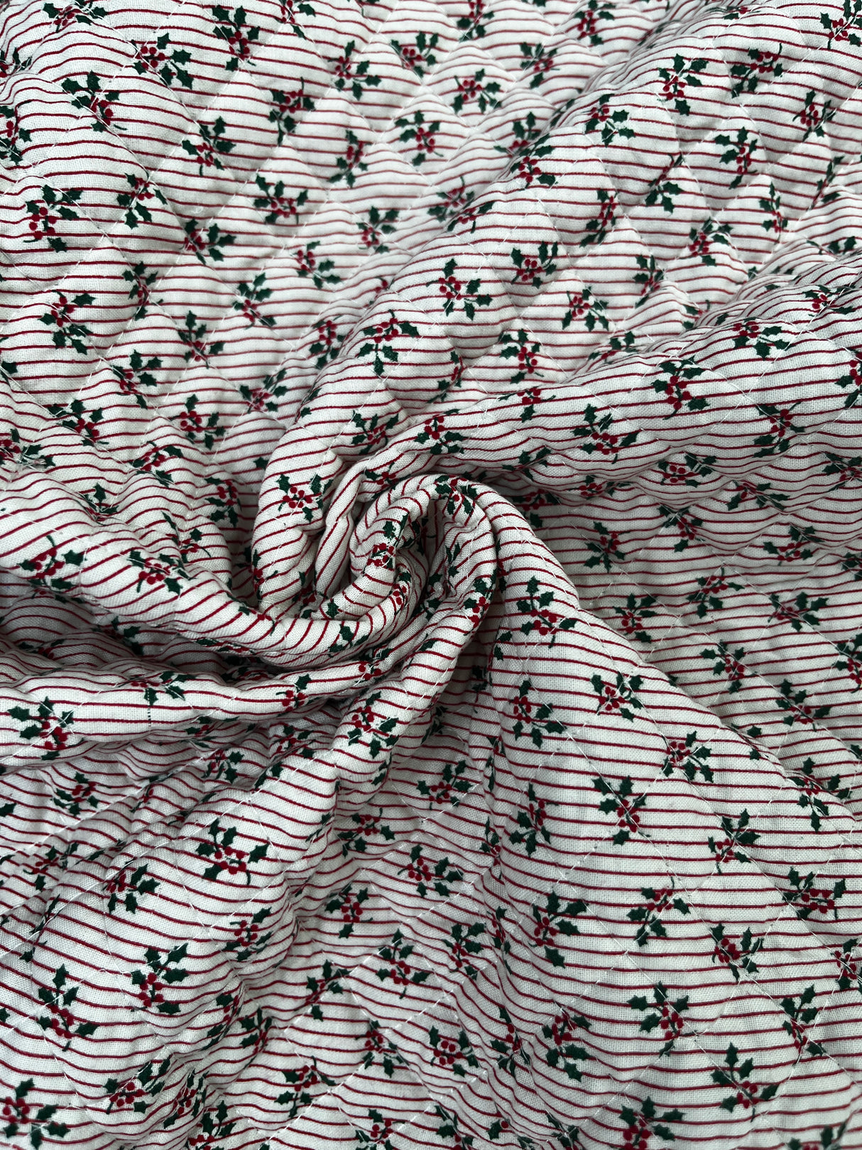 1990's Holly and Red Stripe Pre-Quilted Fabric - (P252)