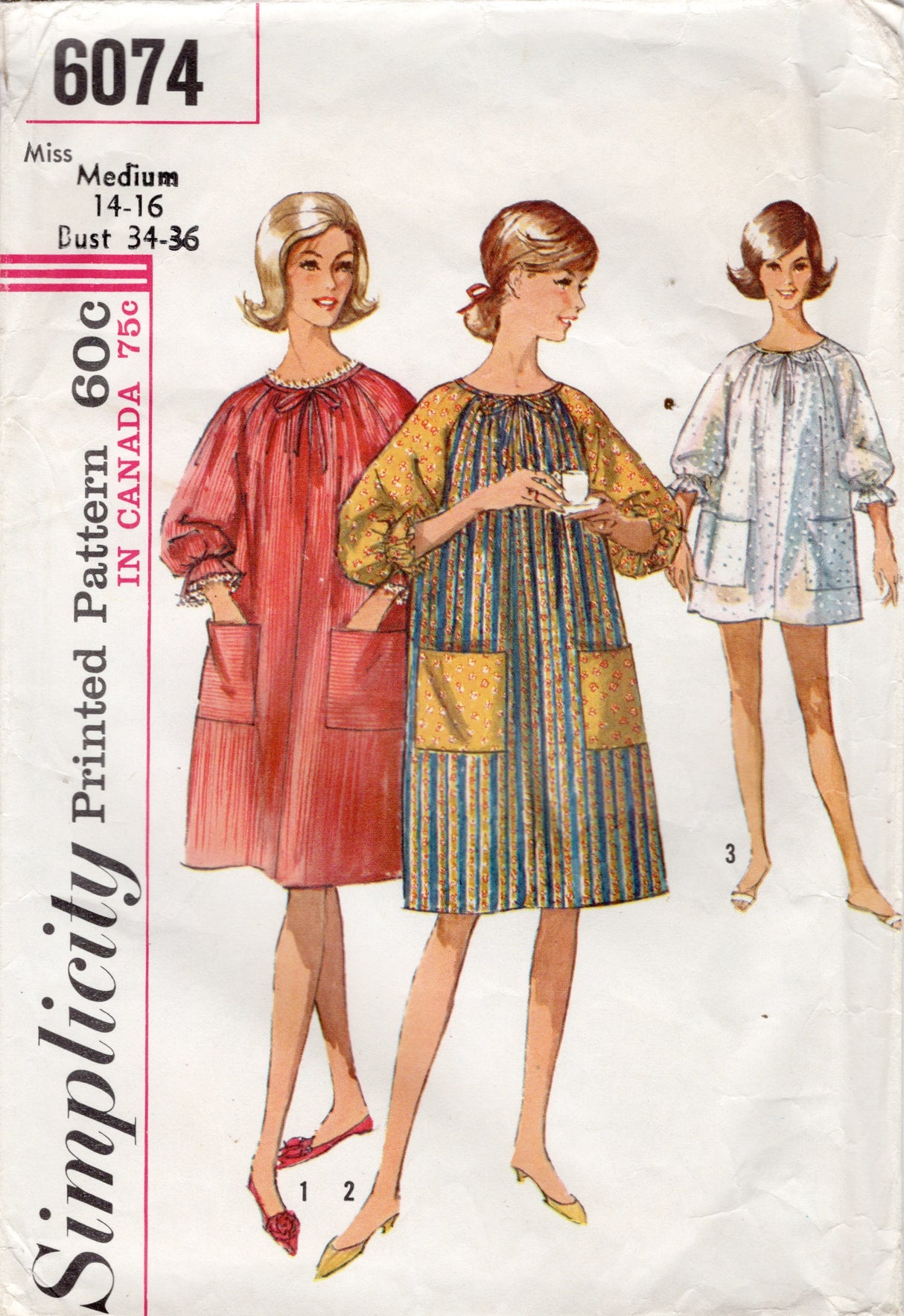 1960's Simplicity Raglan Sleeve "Pop-In" Dress Pattern - Bust 34-36" - No. 6074