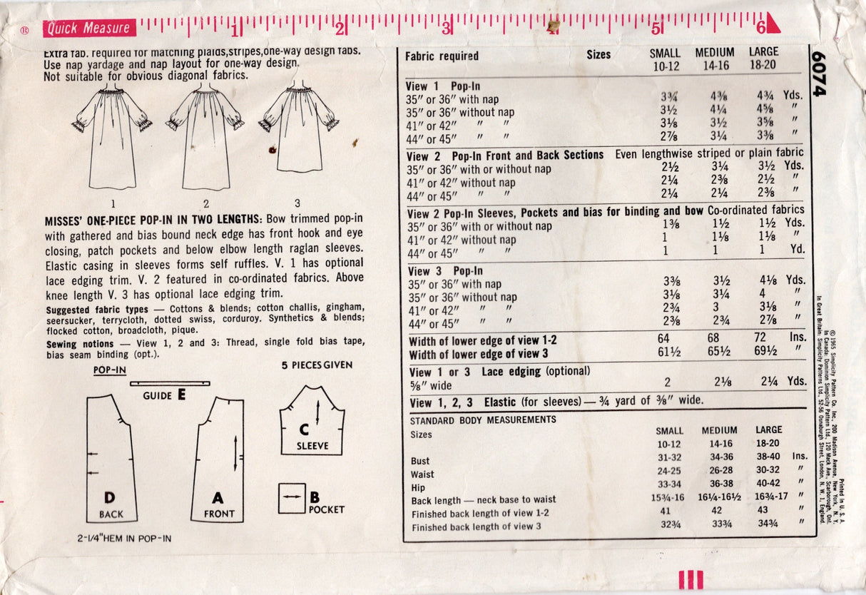 1960's Simplicity Raglan Sleeve "Pop-In" Dress Pattern - Bust 34-36" - No. 6074