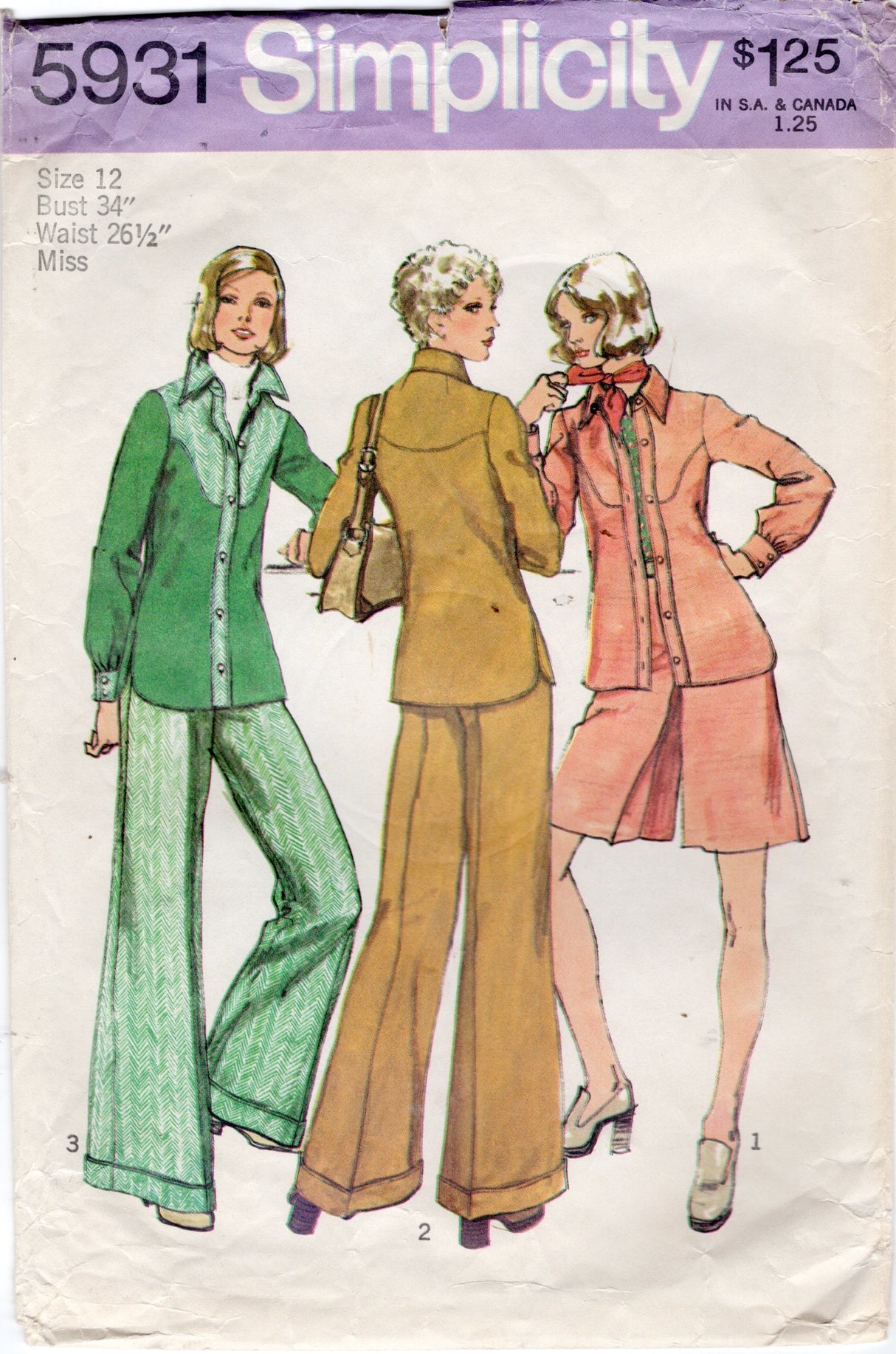 1970's Simplicity Western Style Shirt, Culottes and Bell Bottoms Pattern - Bust 34" - No. 5931