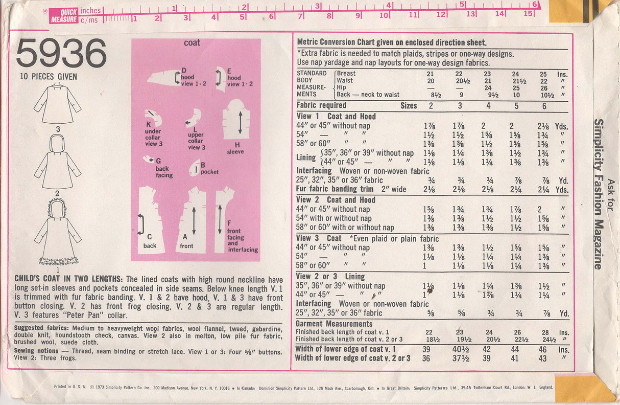 1970's Simplicity Hooded Coat Pattern – Chest 25” - No. 5936
