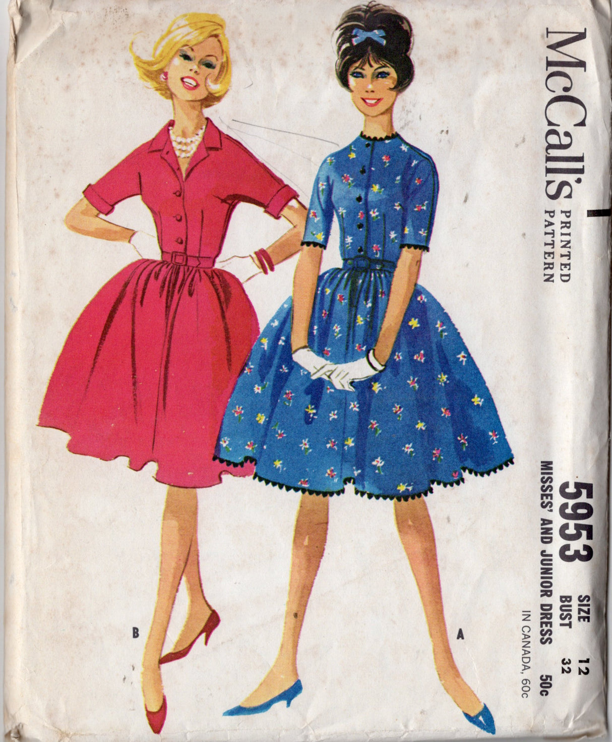 1960's McCall's Shirtwaist Fit and Flare Dress Pattern with Gathered Skirt - Bust 32" - No. 5953