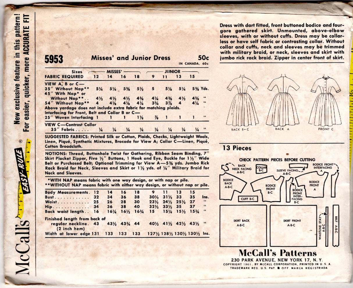 1960's McCall's Shirtwaist Fit and Flare Dress Pattern with Gathered Skirt - Bust 32" - No. 5953