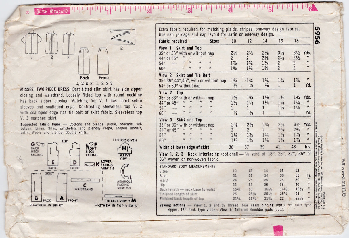 1960's Simplicity Two Piece Dress with Scallop Detail - Bust 34" - No. 5956