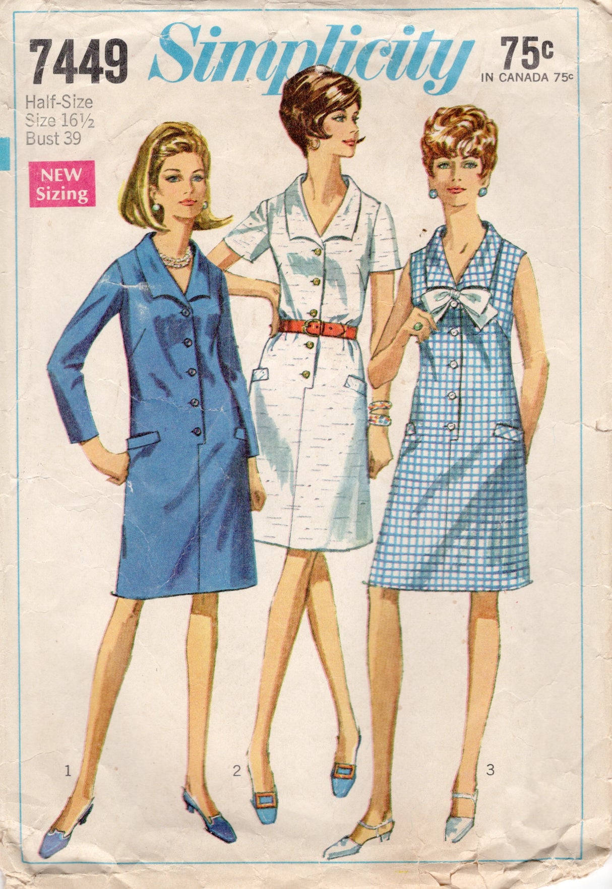 1960's Simplicity Step-In Dress Pattern with Large Collar - Bust 39" - No. 7449