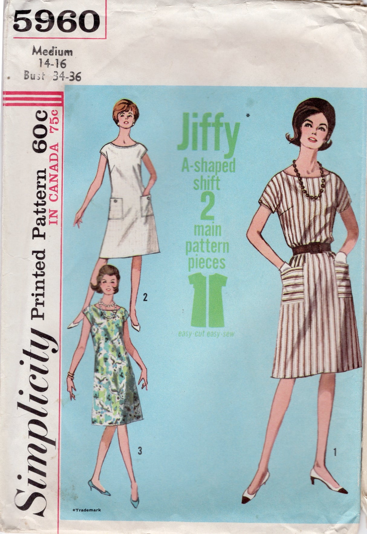 1960's Simplicity Jiffy Shift Dress Pattern with Patch Pockets - Bust 34-36" - No. 5960