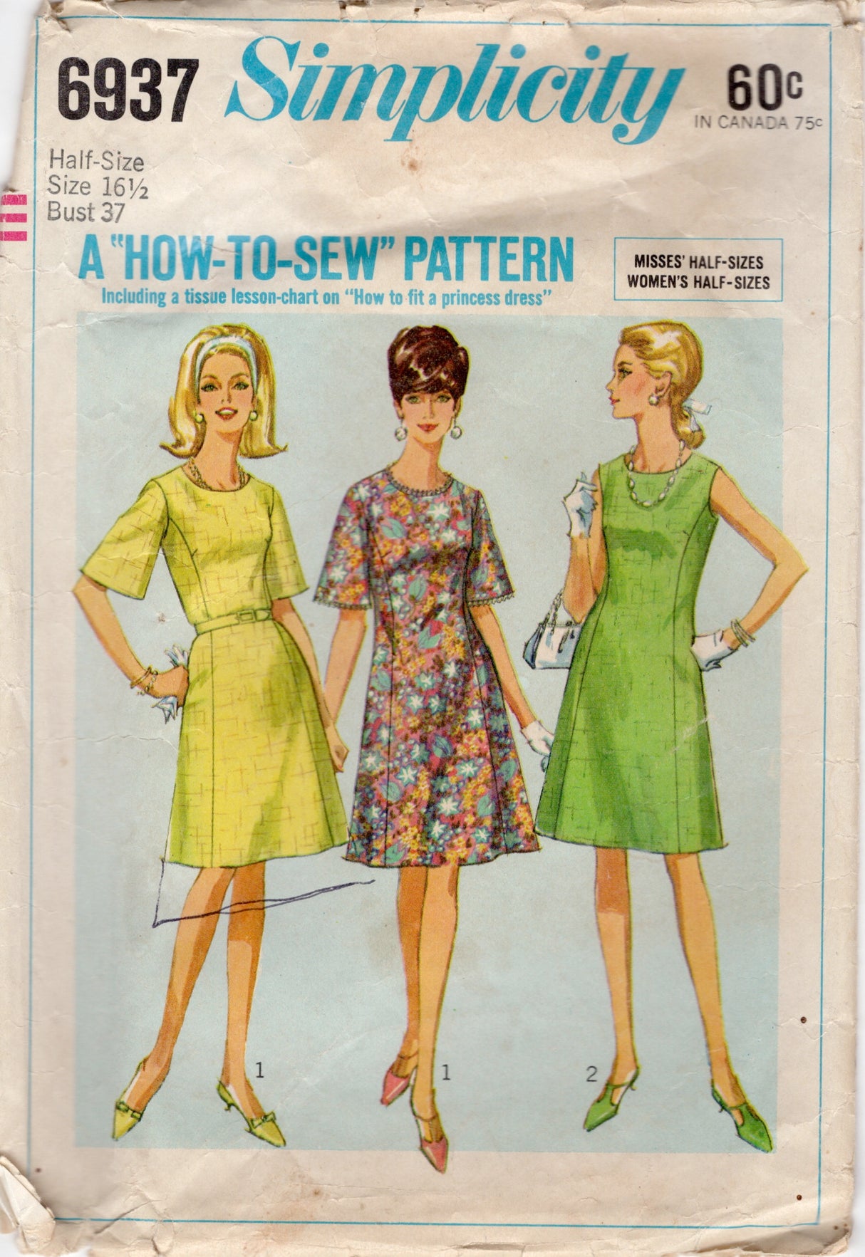 1960's Simplicity "How to Sew" Princess Line Dress Pattern - Bust 37" - No. 6937