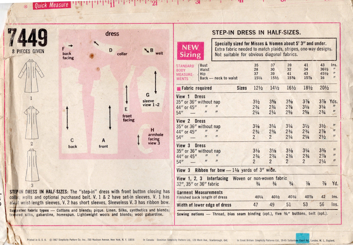1960's Simplicity Step-In Dress Pattern with Large Collar - Bust 39" - No. 7449