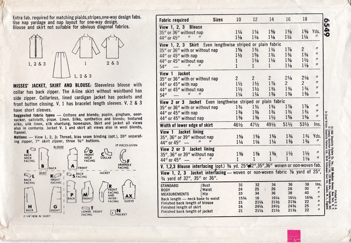 1960's Simplicity Suit and Blouse Pattern with A-line skirt - Bust 36" - No. 6549