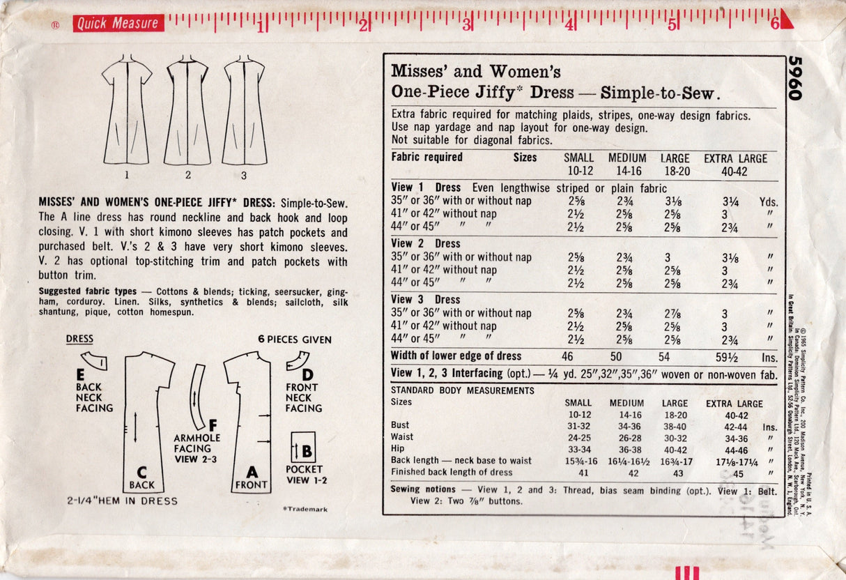 1960's Simplicity Jiffy Shift Dress Pattern with Patch Pockets - Bust 34-36" - No. 5960
