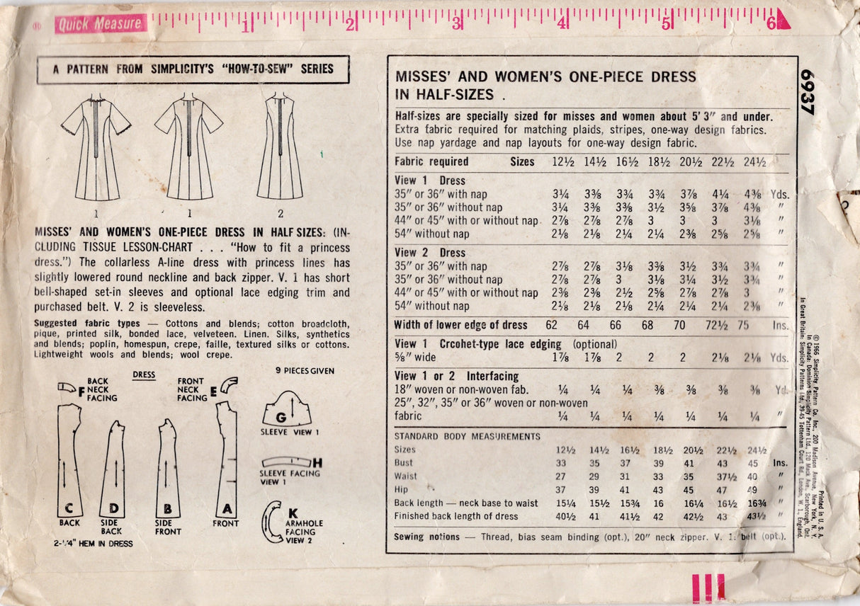 1960's Simplicity "How to Sew" Princess Line Dress Pattern - Bust 37" - No. 6937