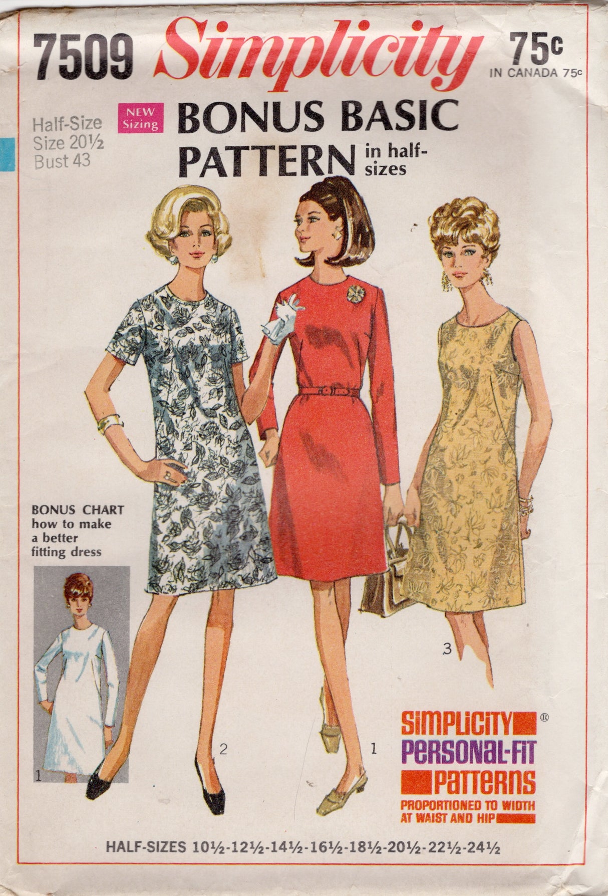 1960's Simplicity Round Neckline Basic A-line Dress Pattern - Bust 39" - No. 7509