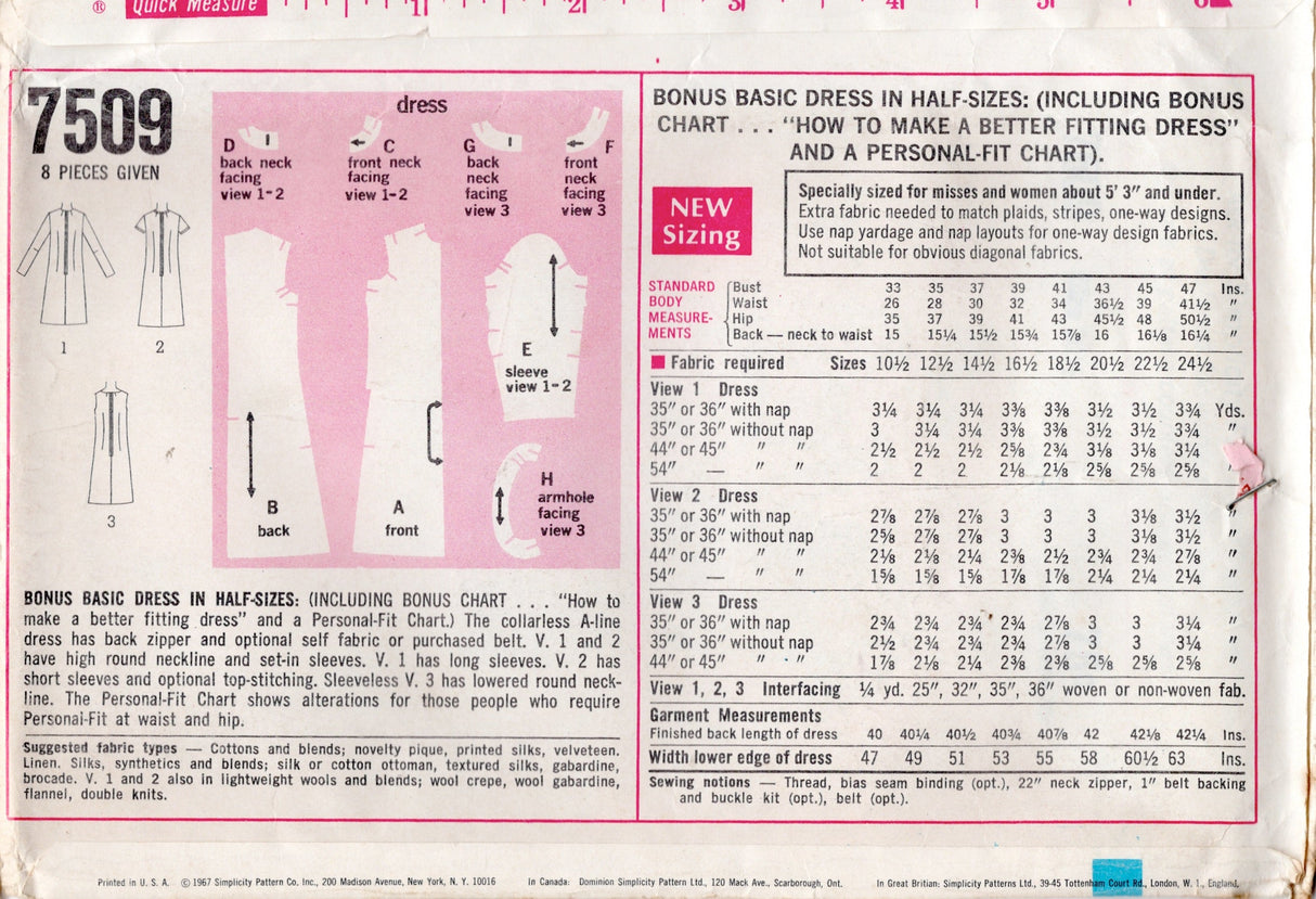 1960's Simplicity Round Neckline Basic A-line Dress Pattern - Bust 39" - No. 7509