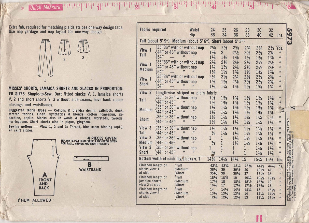 1960's Simplicity Proportioned Pants/Shorts Pattern - Waist 26" - No. 5973