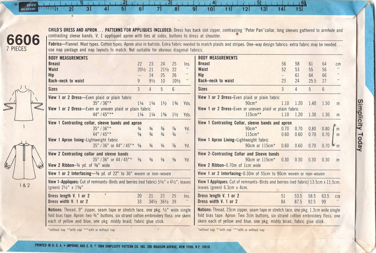 1980's Simplicity Child's Dress and Apron - Florence Eisenman - Size 6 - Chest 25" - No. 6606