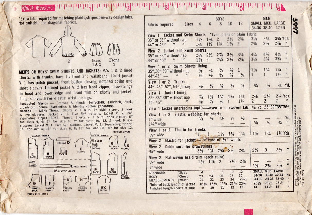 1960's Simplicity Child's Swim Trunks and Two Jacket Styles Pattern - Chest 28" - No. 5997