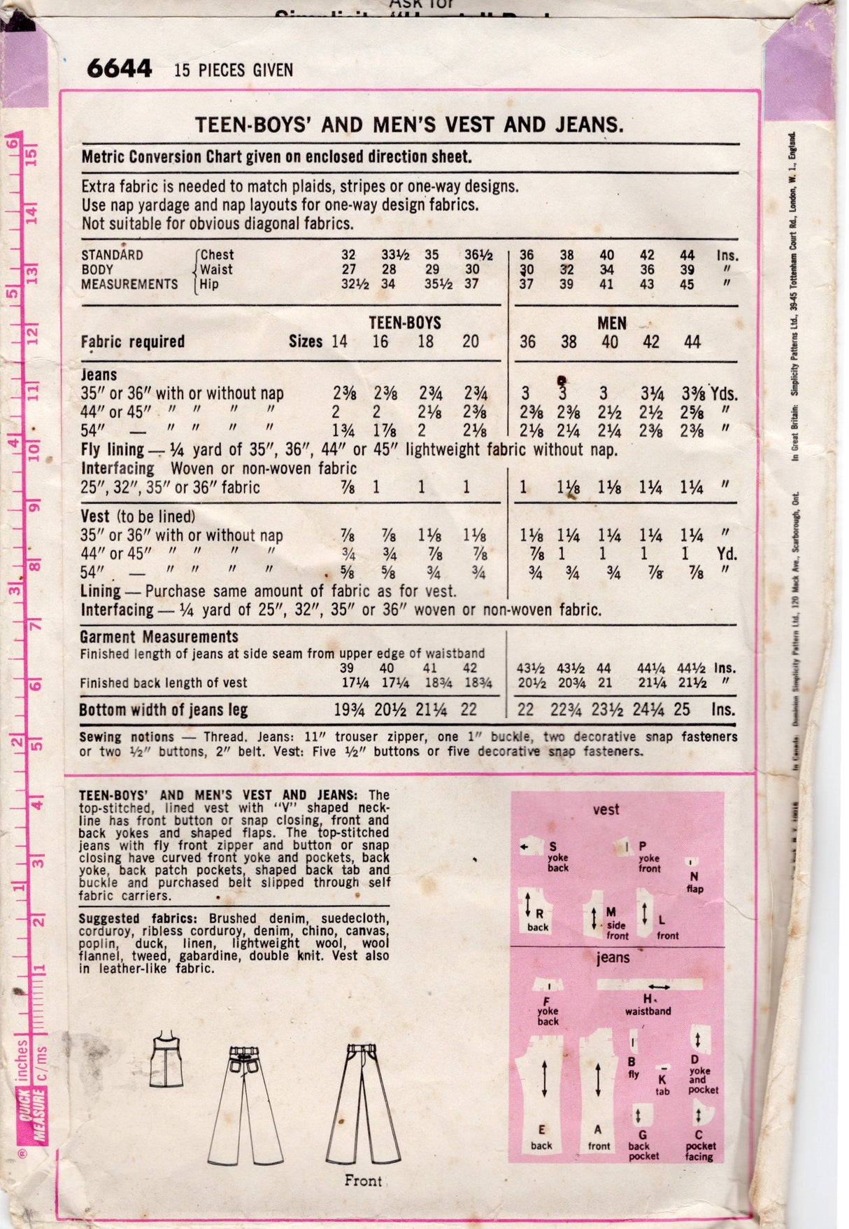 1970's Simplicity Men's Jeans Pattern - Waist 30" - No. 6644