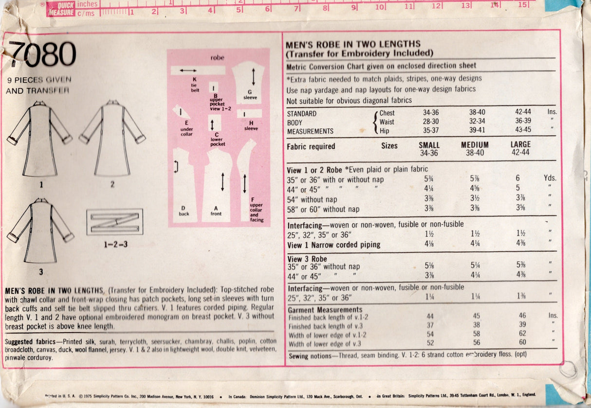 1970's Simplicity Men's Robe pattern - Chest 38-40" - No. 7080