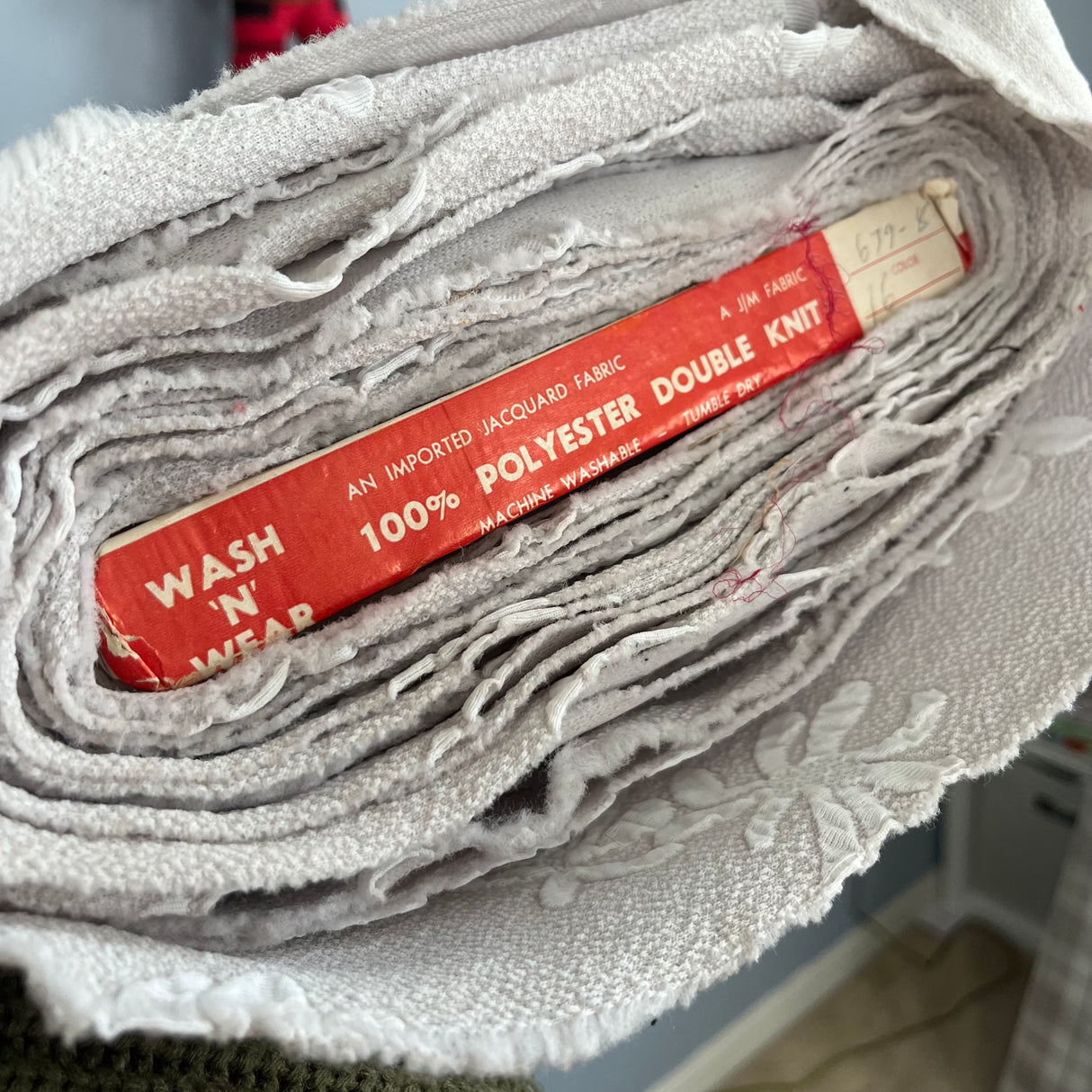 1970’s Jacquard Grey with White Flowers - Polyester Double Knit Fabric - Piece (G8)