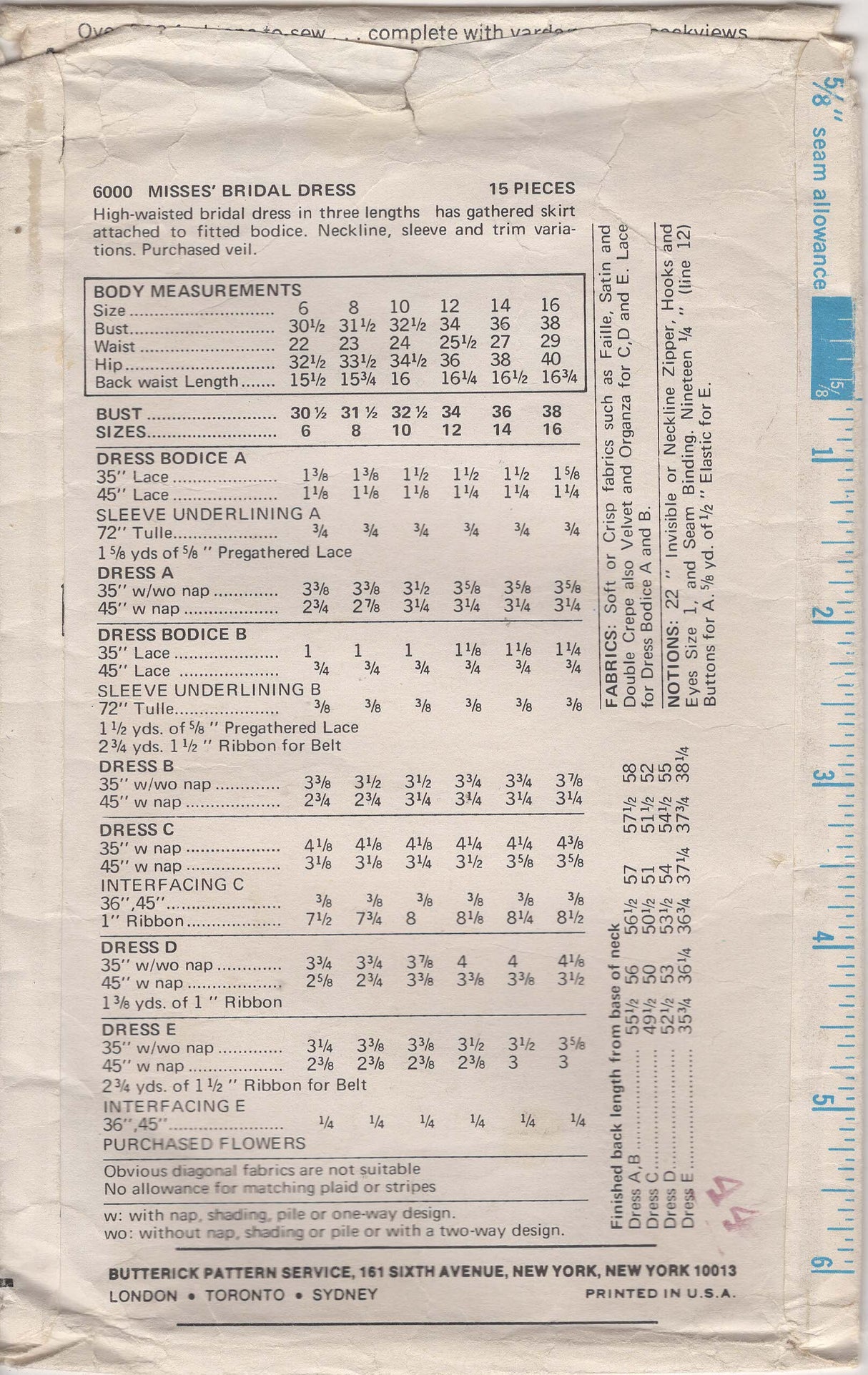 1970's Butterick Empire Waist Wedding Dress - Bust 36"- No. 6000