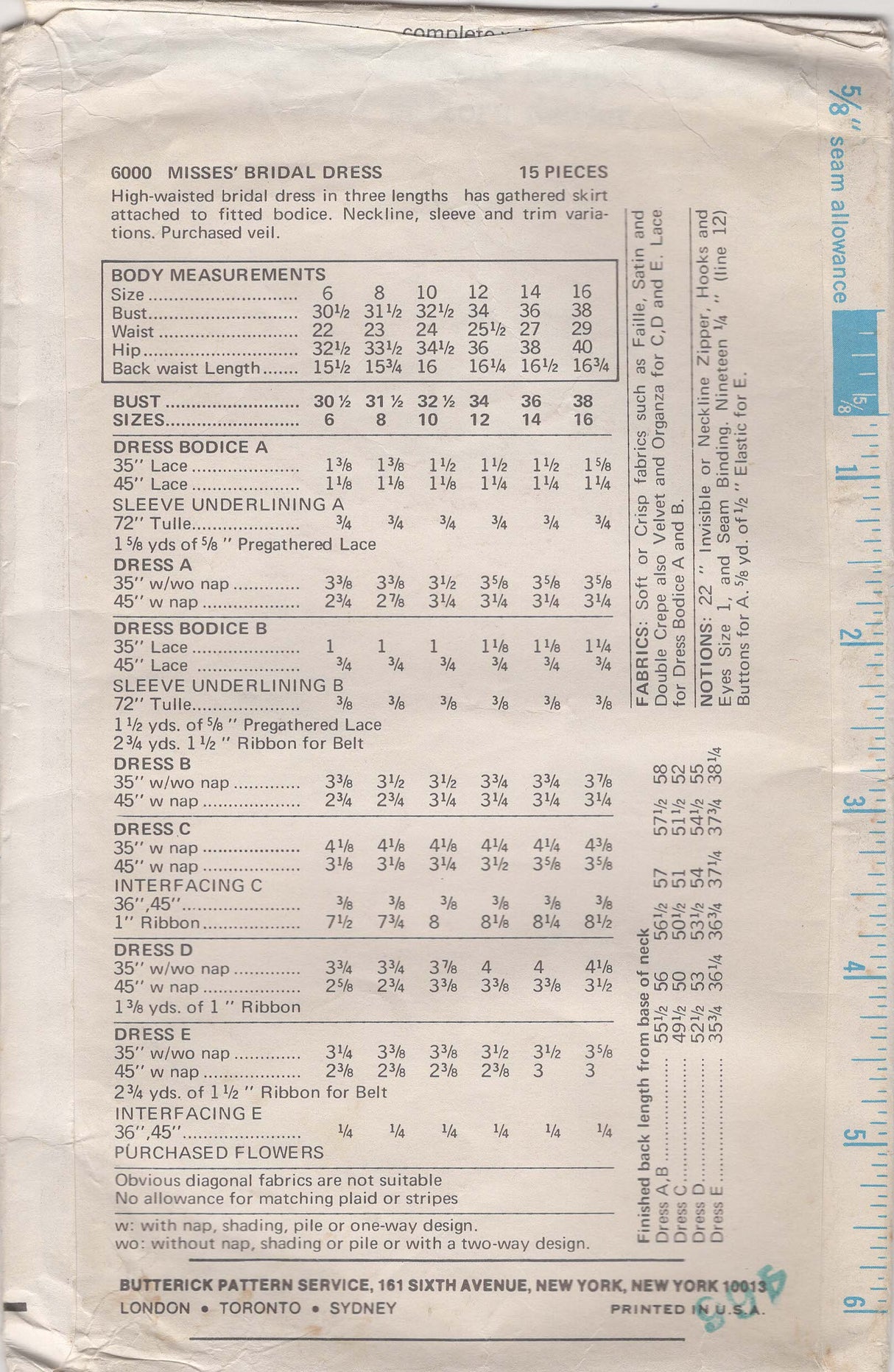 1970's Butterick Empire Waist Wedding Dress - Bust 34"- No. 6000