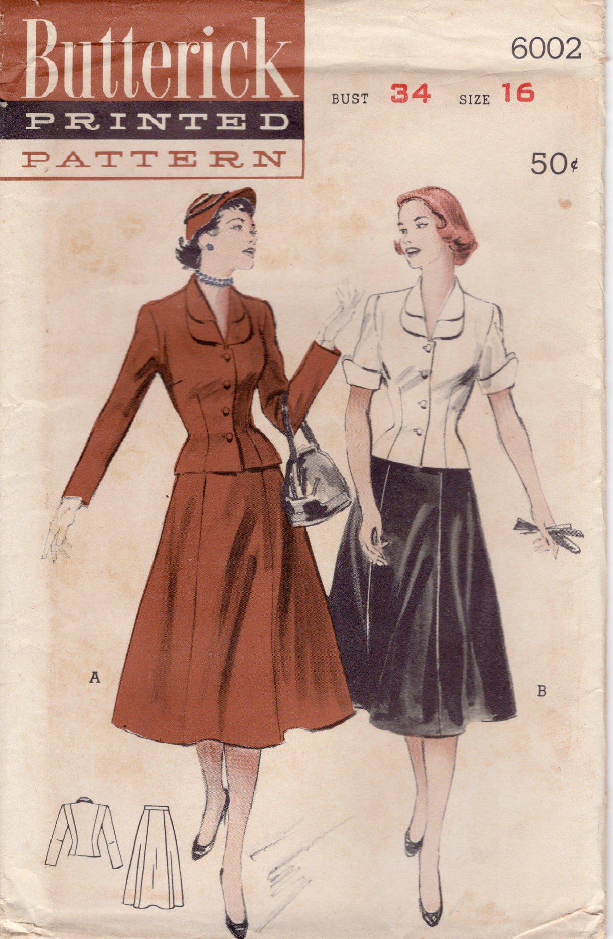 1950's Butterick Two Piece Suit Pattern with Double Collar and Flared Skirt - Bust 34" - No. 6002