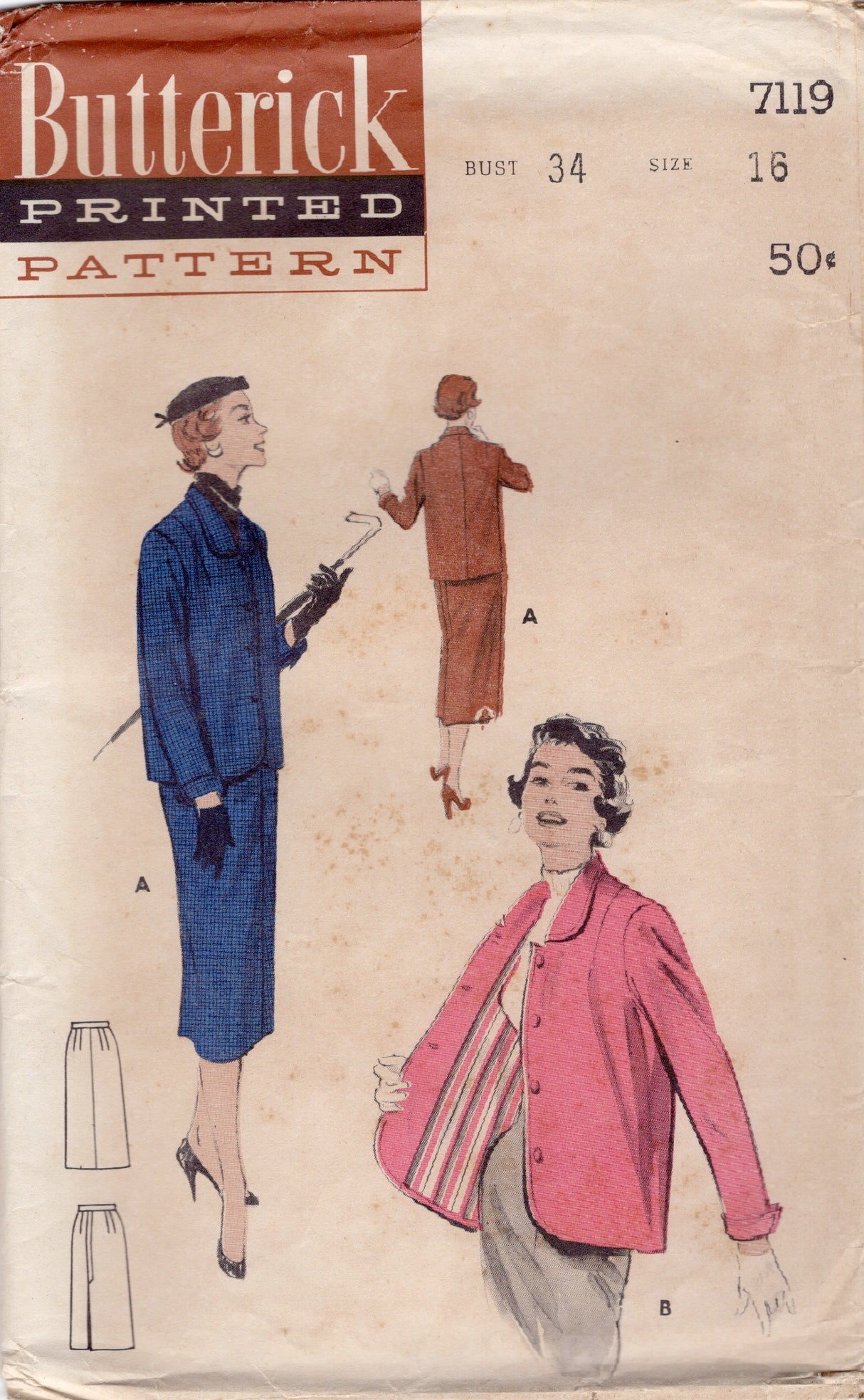 1950's Butterick Two Piece Boxy Suit Pattern - Bust 34" - No. 7119