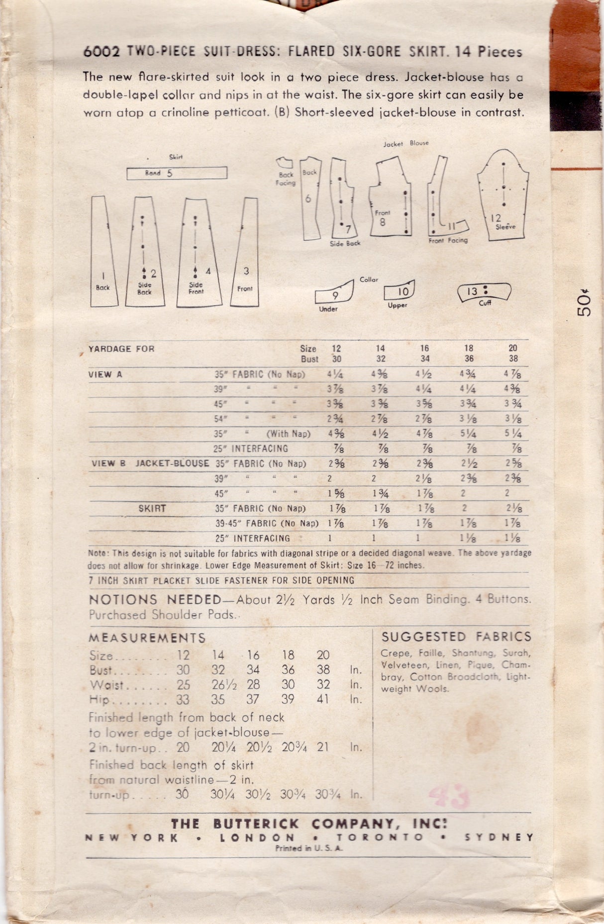 1950's Butterick Two Piece Suit Pattern with Double Collar and Flared Skirt - Bust 34" - No. 6002