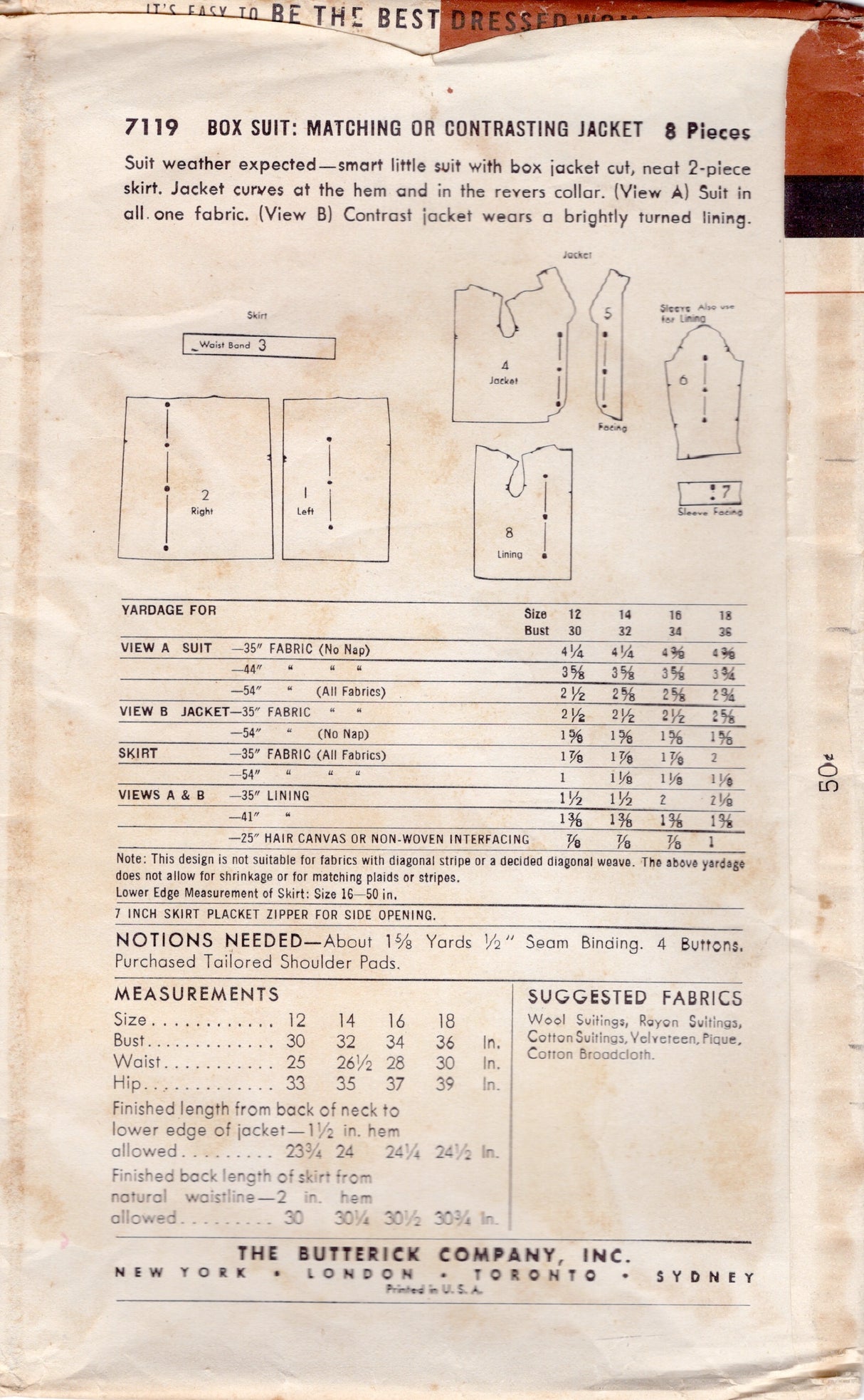 1950's Butterick Two Piece Boxy Suit Pattern - Bust 34" - No. 7119