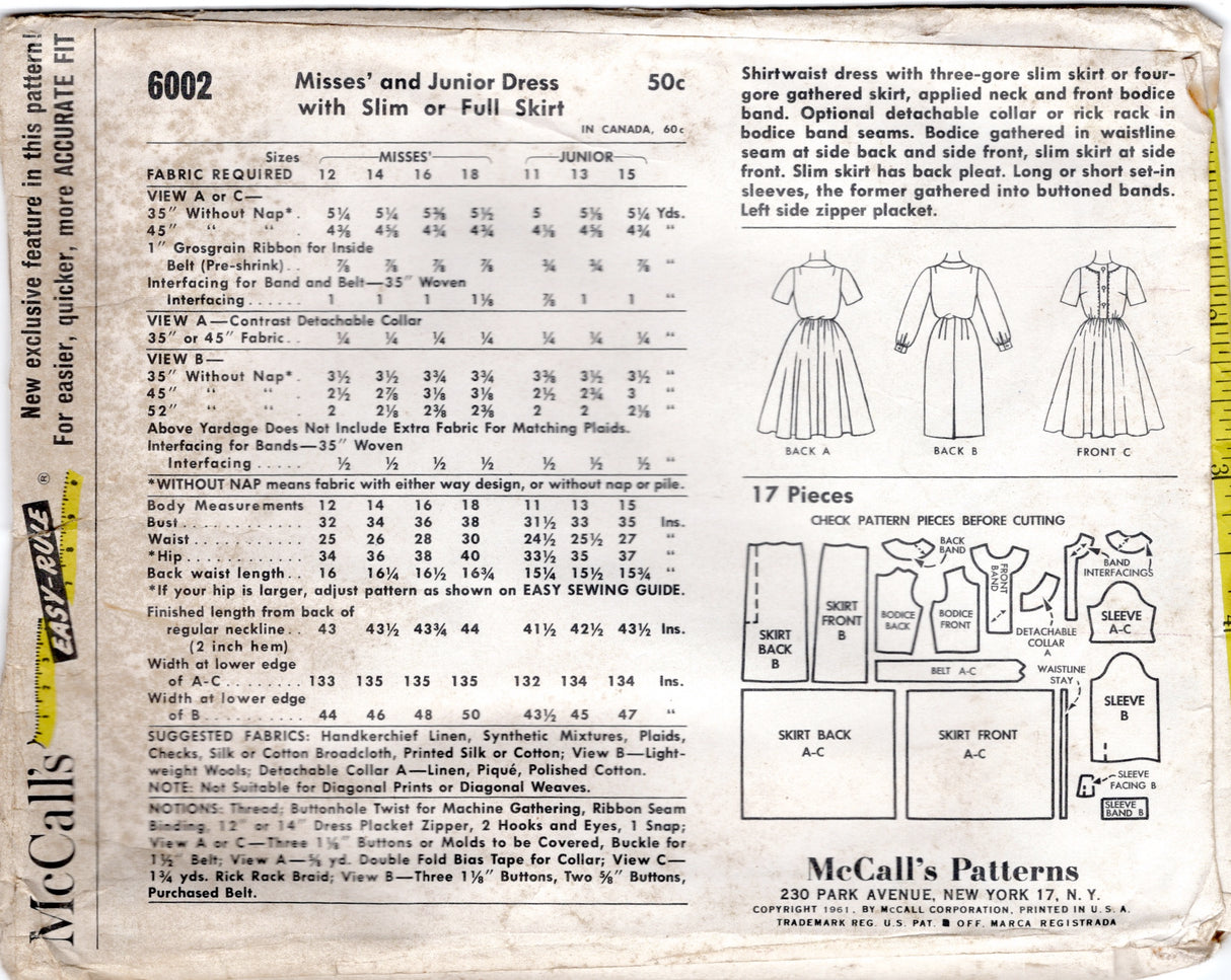 1960's McCall's Shirtwaist Dress with Slim or Full Skirt - Bust 36" - No. 6002